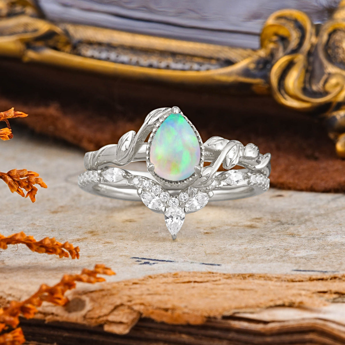 Nature-Inspired 3-Prong Oval-Cut Opal Bridal Ring Set with Vine Accents