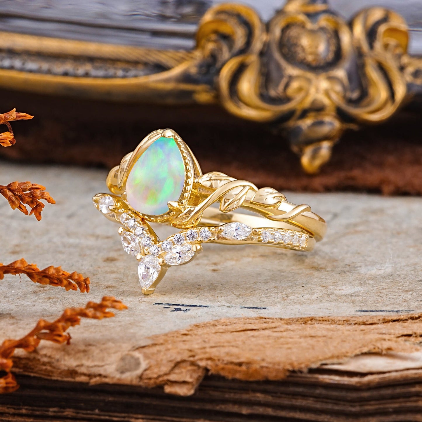 Nature-Inspired 3-Prong Oval-Cut Opal Bridal Ring Set with Vine Accents