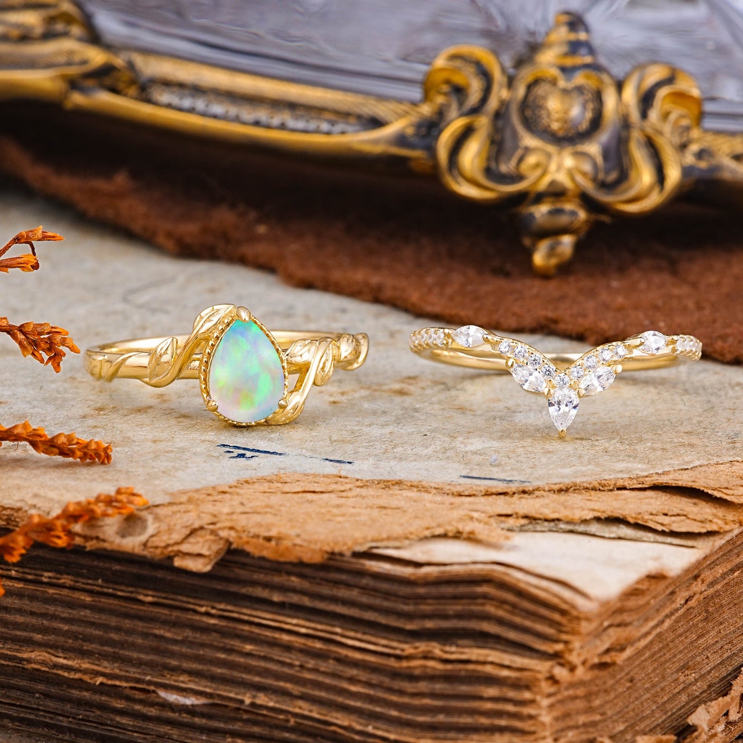 Timeless Pear Cut Opal Bridal Ring Set for Her