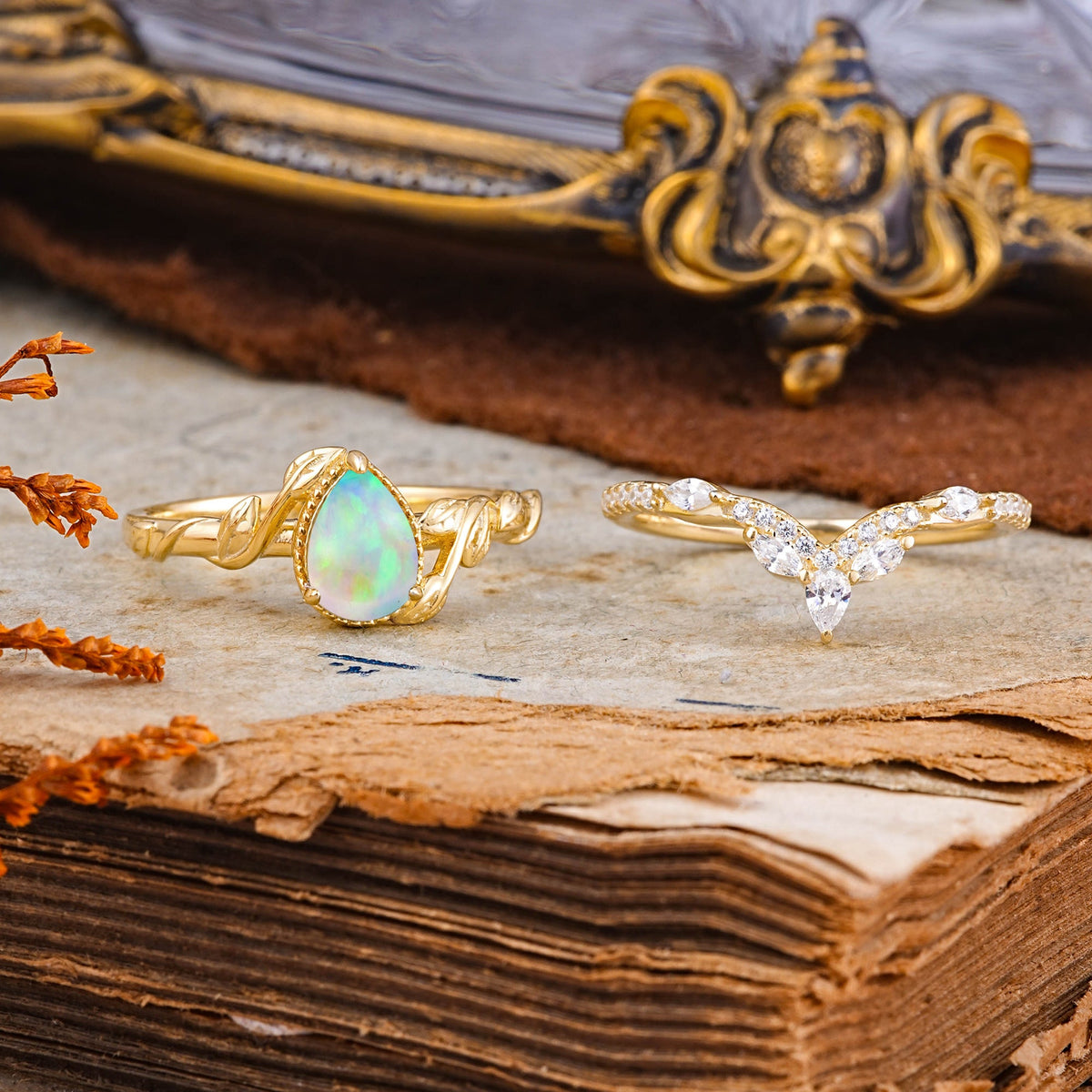 Nature-Inspired 3-Prong Oval-Cut Opal Bridal Ring Set with Vine Accents