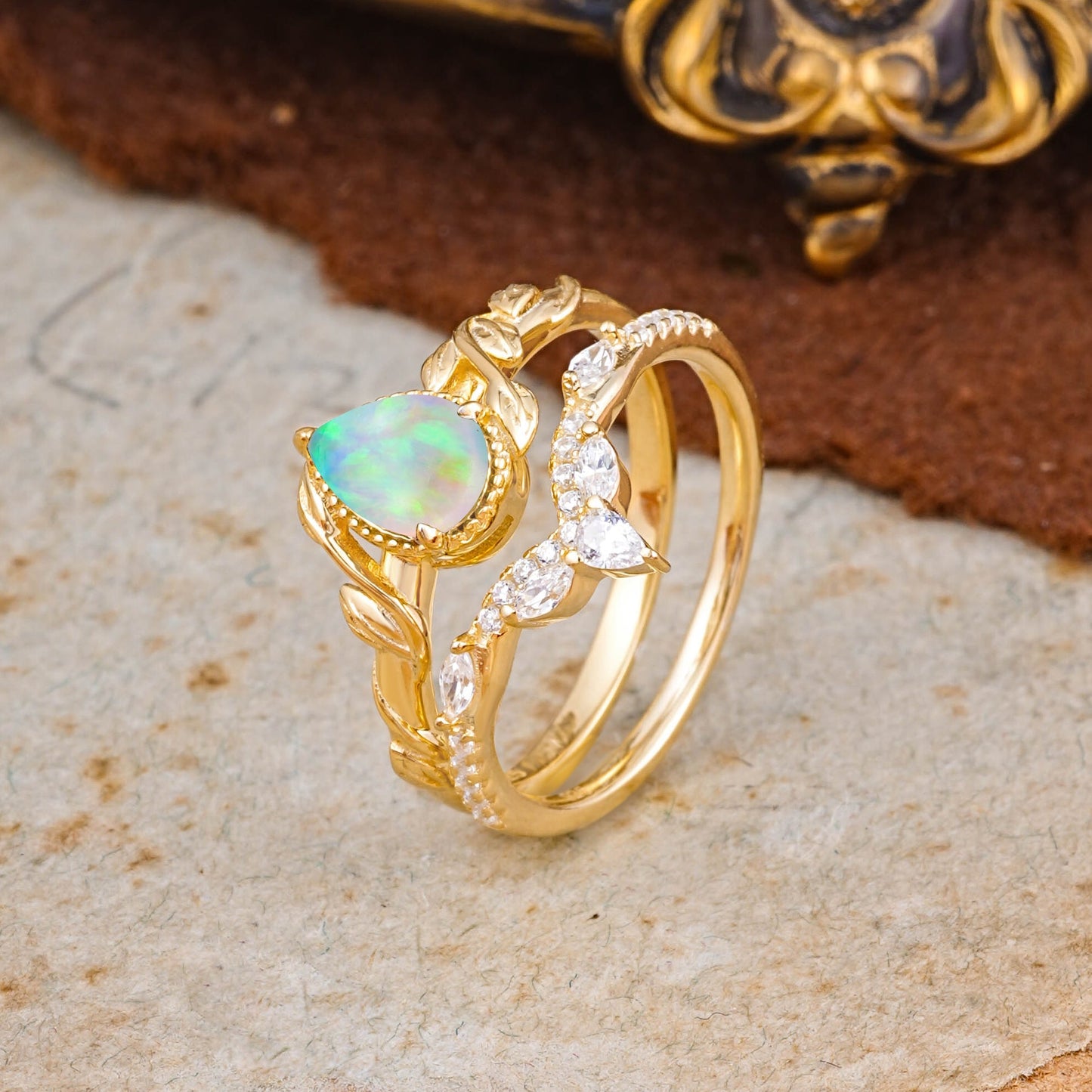 Timeless Pear Cut Opal Bridal Ring Set for Her