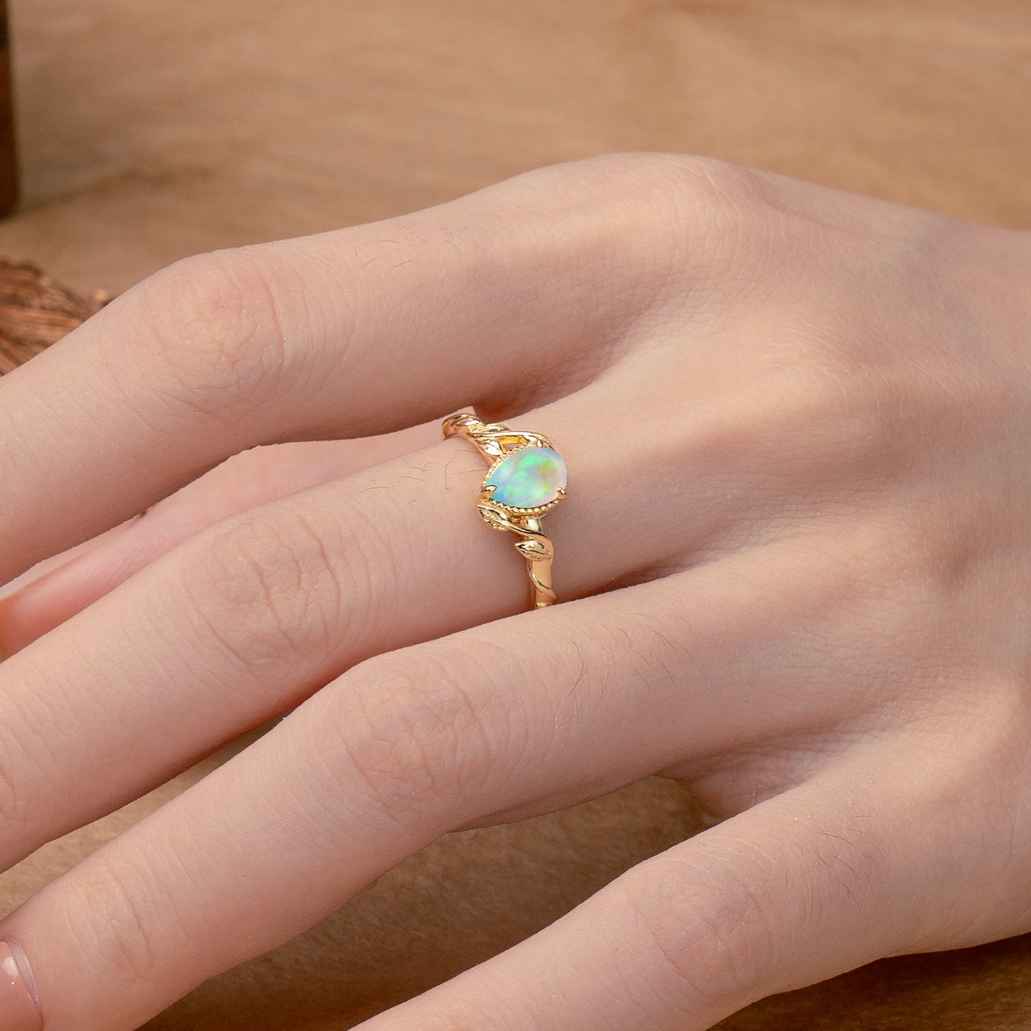 Nature-Inspired 3-Prong Oval-Cut Opal Bridal Ring Set with Vine Accents