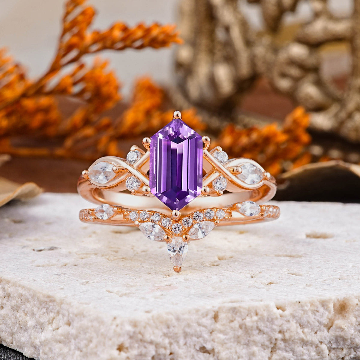The Graceful Hexagon - Cut Amethyst Bridal Ring Set