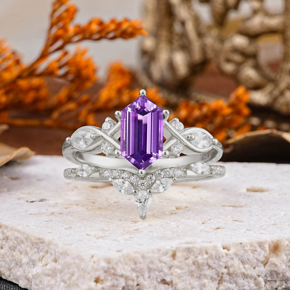 The Graceful Hexagon - Cut Amethyst Bridal Ring Set
