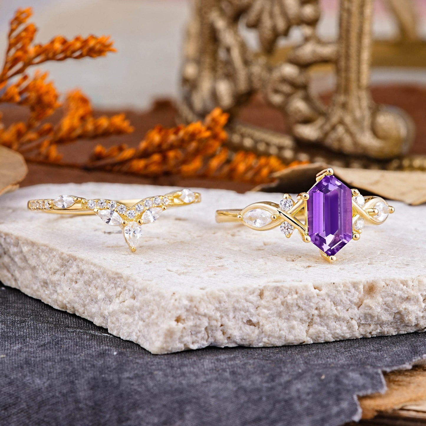 The Graceful Hexagon - Cut Amethyst Bridal Ring Set