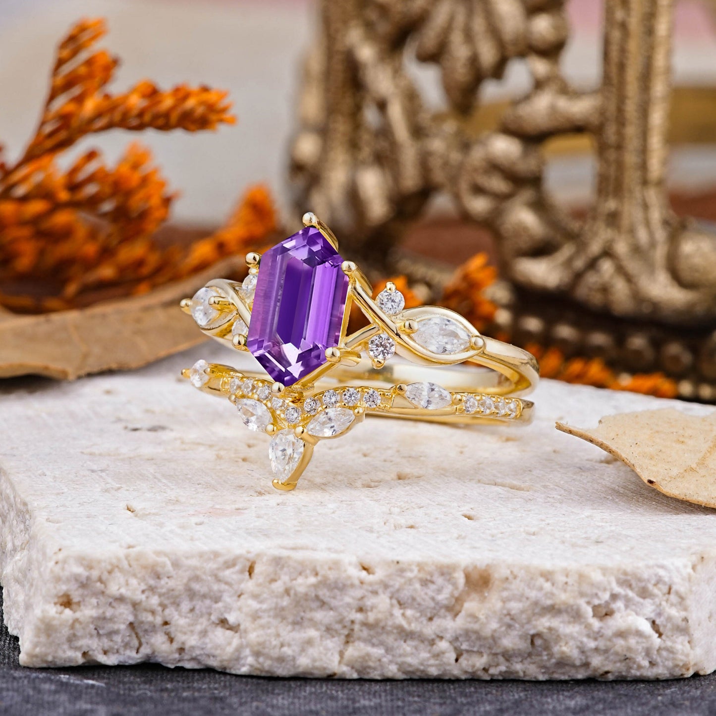 The Graceful Hexagon - Cut Amethyst Bridal Ring Set