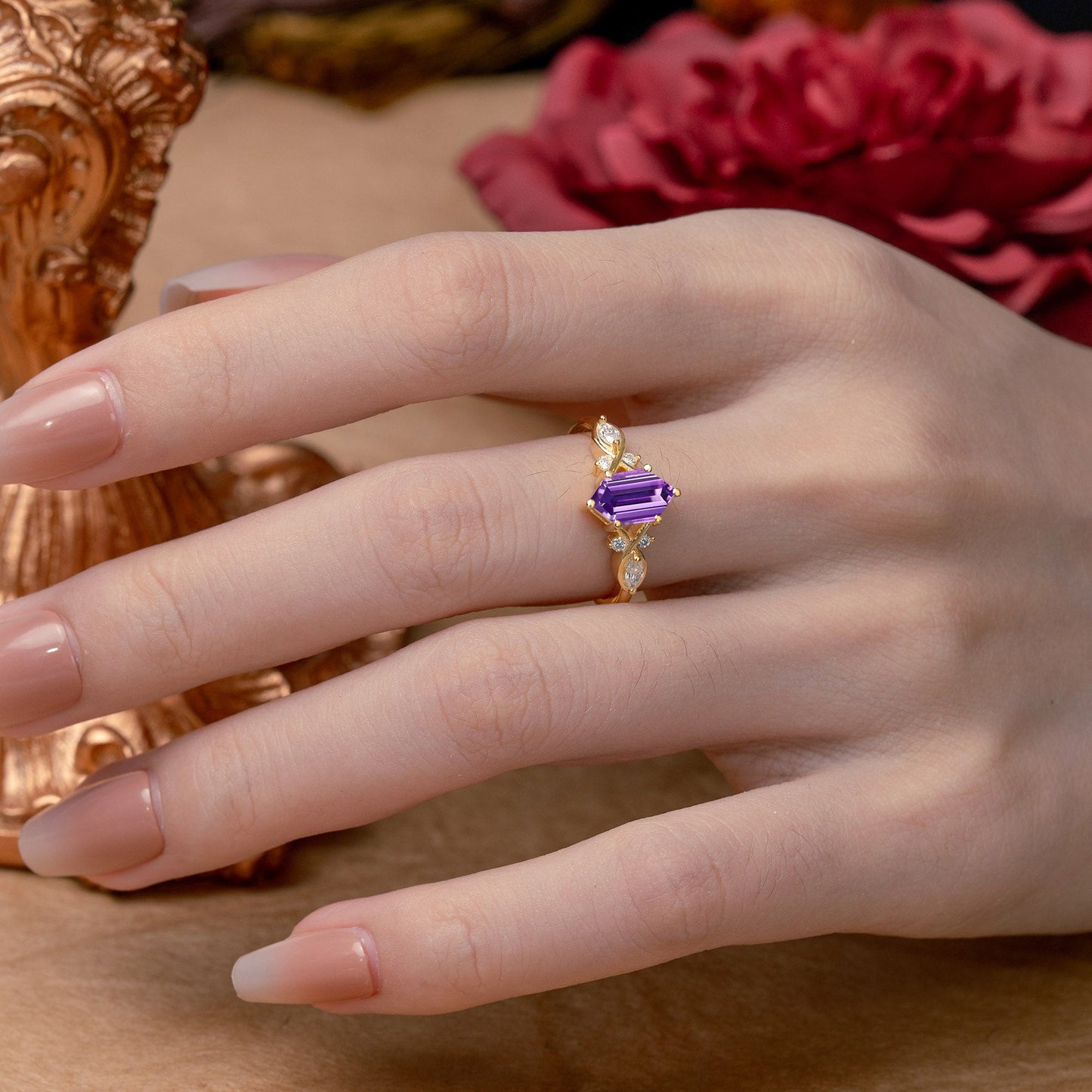 The Graceful Hexagon - Cut Amethyst Bridal Ring Set