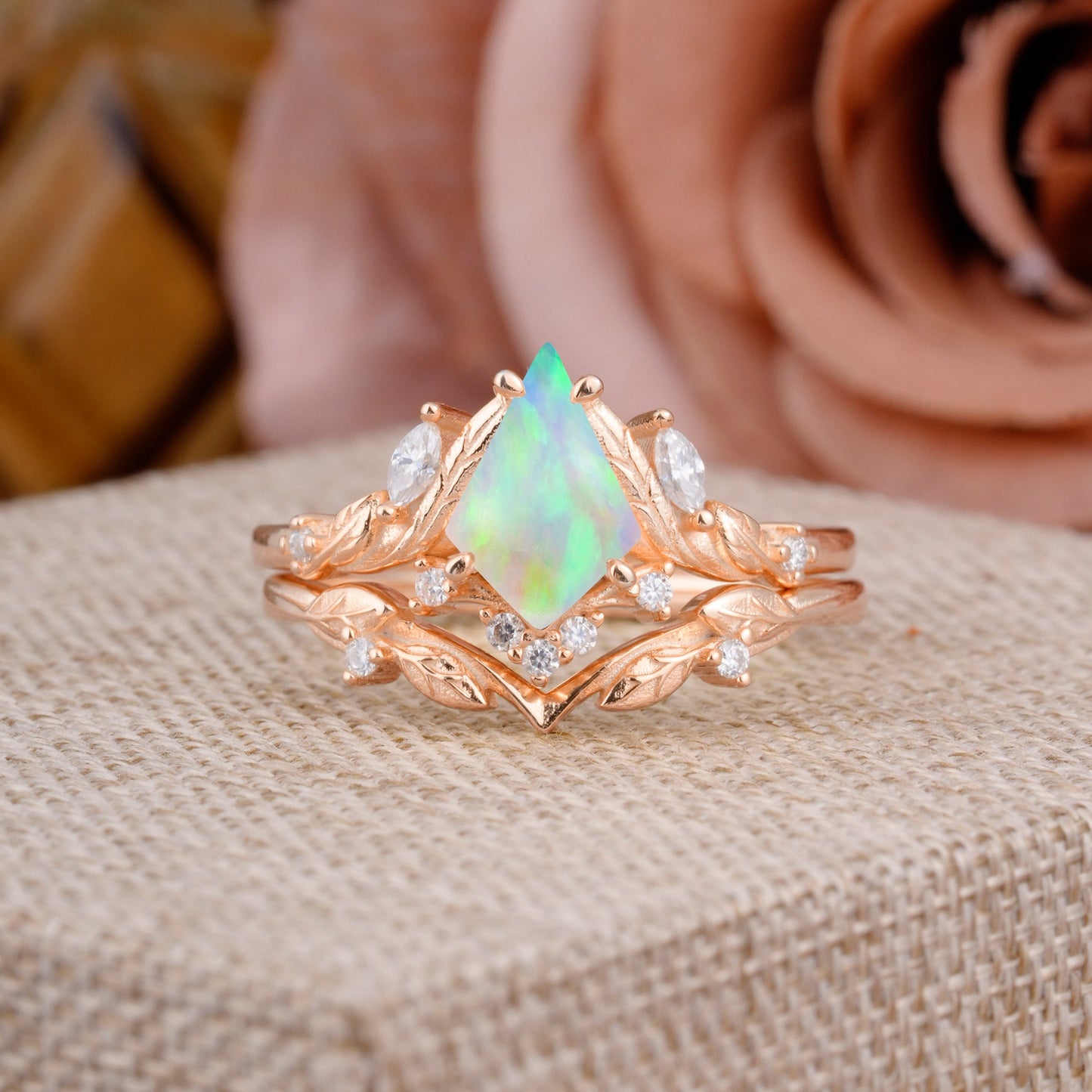 Nature Inspired The Dreamy Kite- Cut Opal with Fantasy Leaf Bridal Ring Set