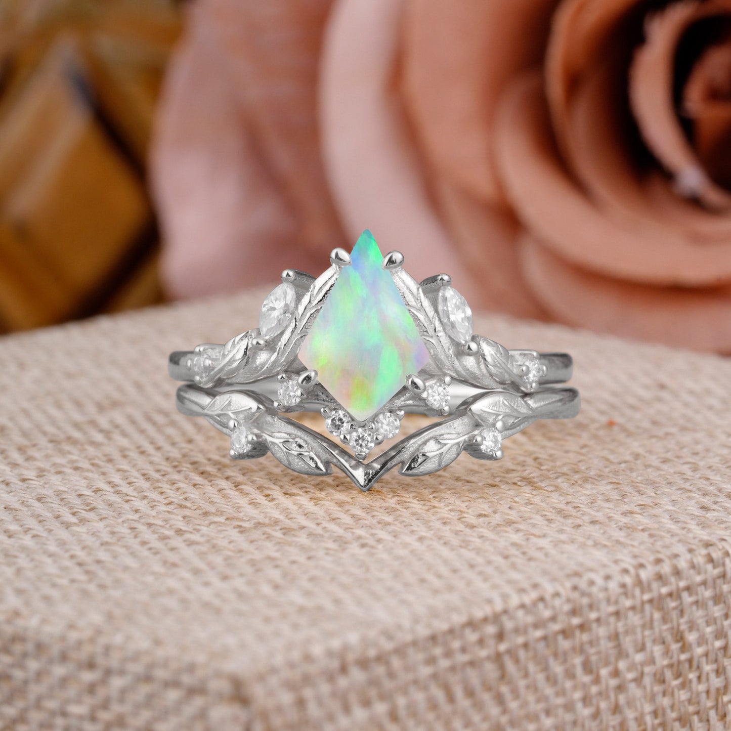 Nature Inspired The Dreamy Kite- Cut Opal with Fantasy Leaf Bridal Ring Set