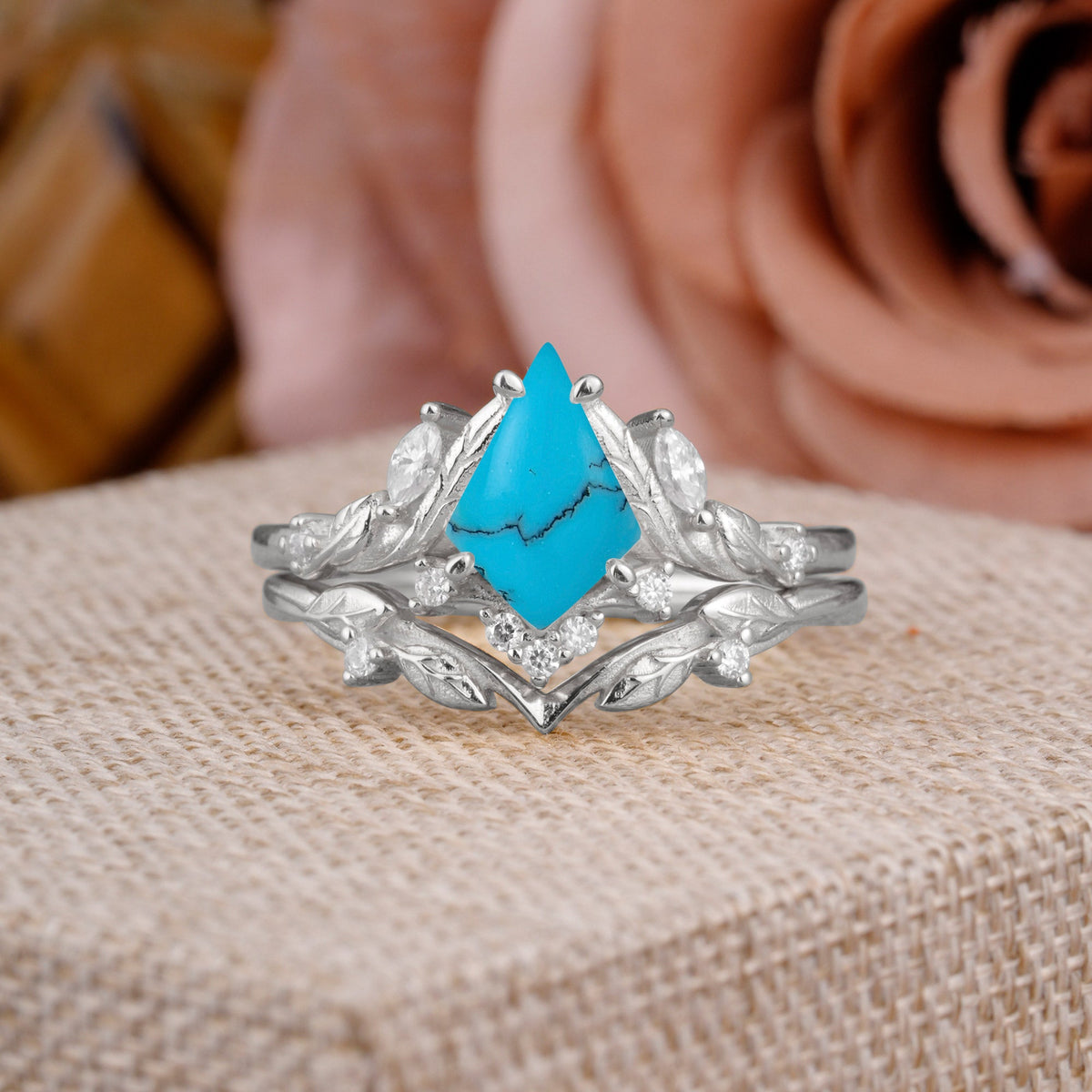 Nature Inspired The Dreamy Kite- Cut Turquoise with Fantasy Leaf Bridal Ring Set