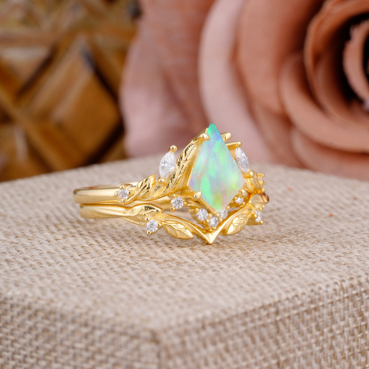 Nature Inspired The Dreamy Kite- Cut Opal with Fantasy Leaf Bridal Ring Set