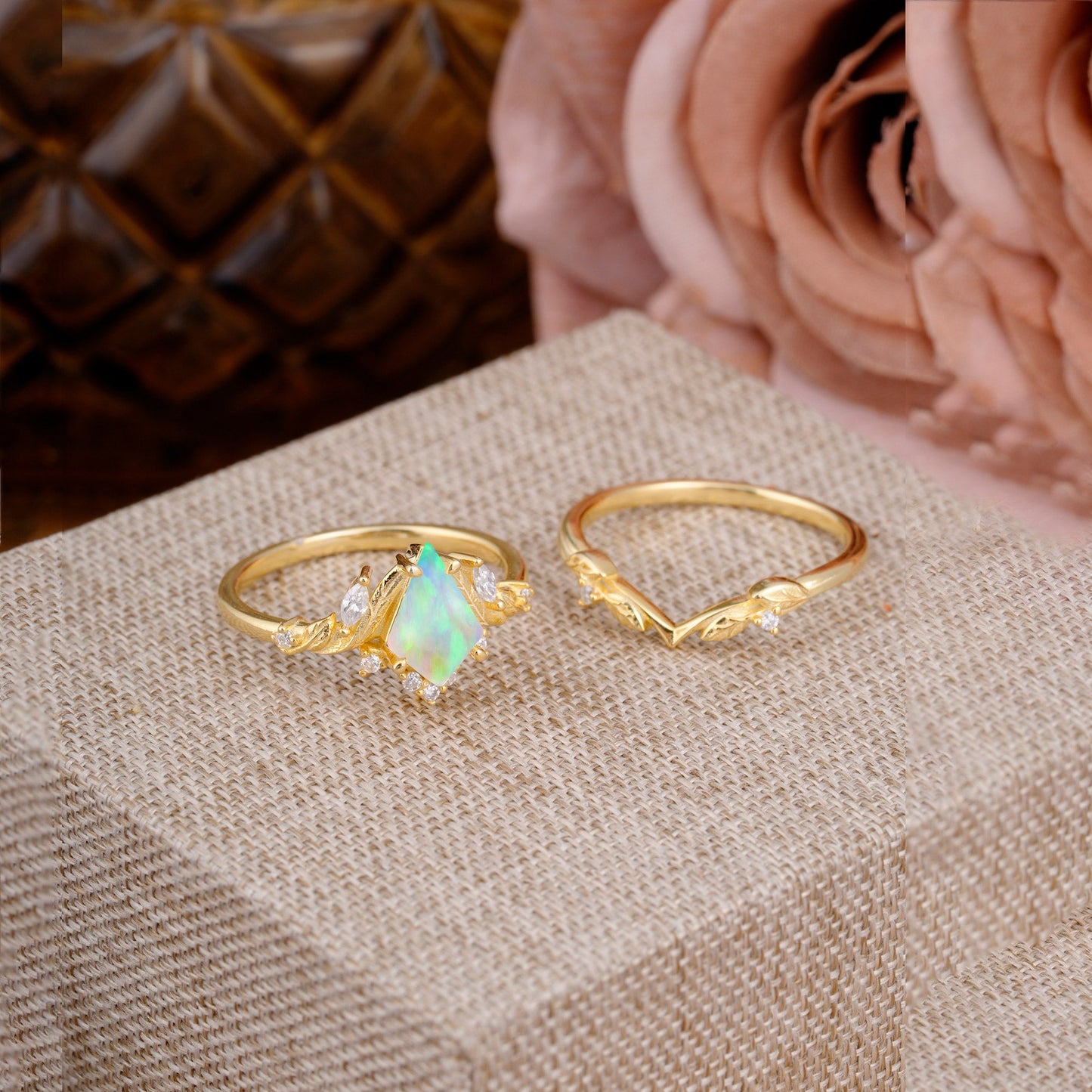 Nature Inspired The Dreamy Kite- Cut Opal with Fantasy Leaf Bridal Ring Set