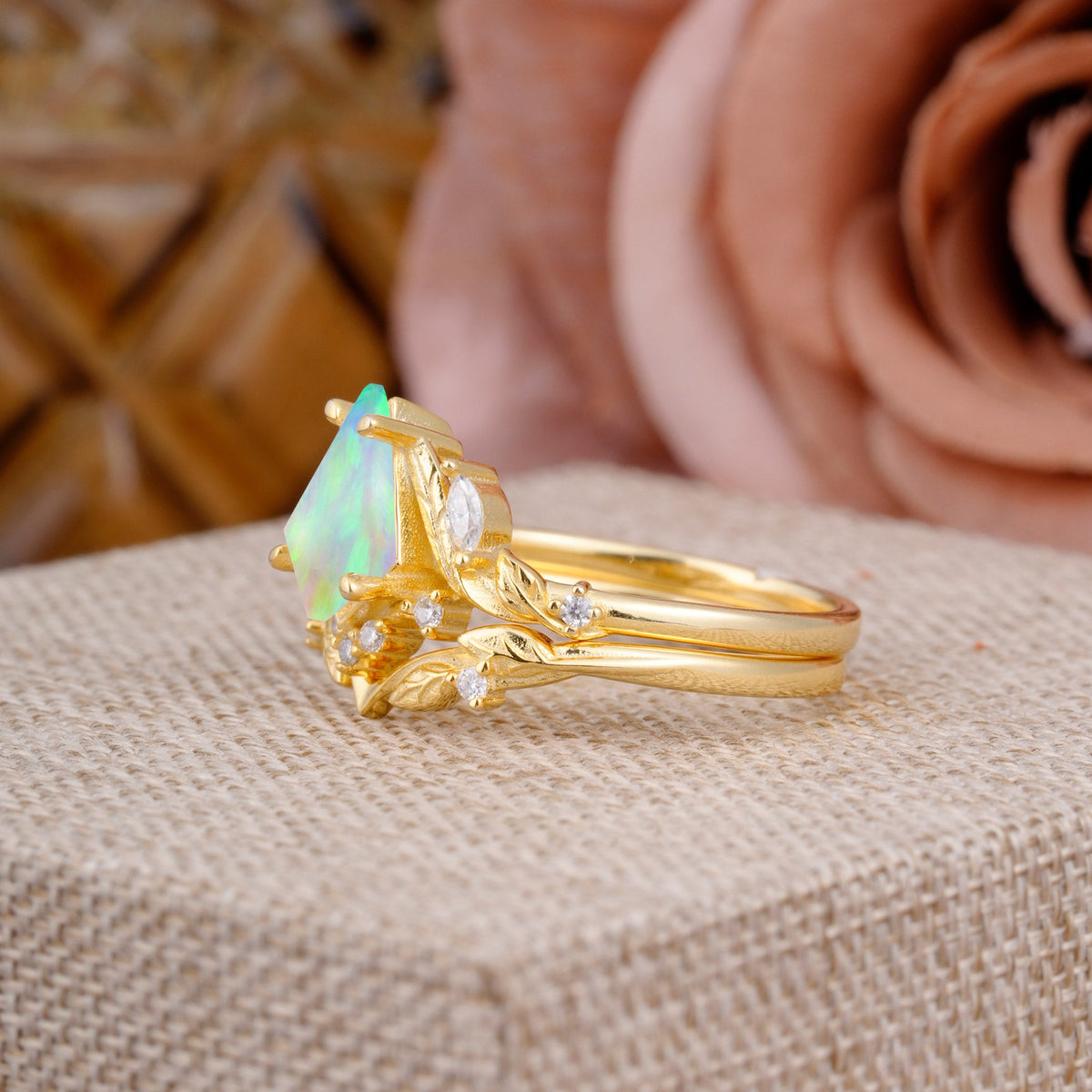 Nature Inspired The Dreamy Kite- Cut Opal with Fantasy Leaf Bridal Ring Set
