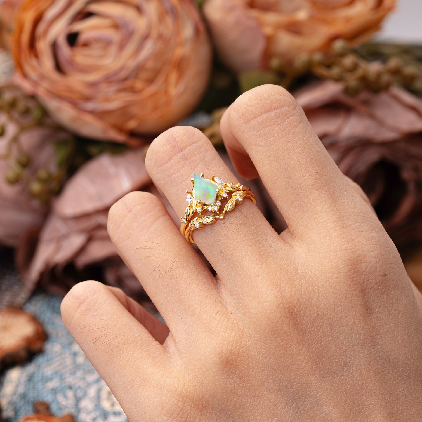 Nature Inspired The Dreamy Kite- Cut Opal with Fantasy Leaf Bridal Ring Set