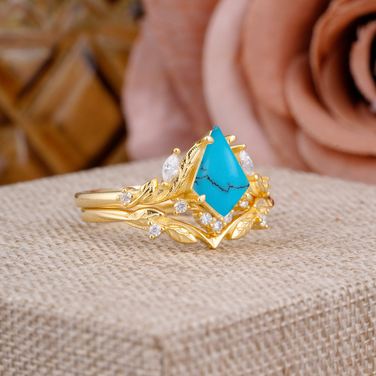 Nature Inspired The Dreamy Kite- Cut Turquoise with Fantasy Leaf Bridal Ring Set