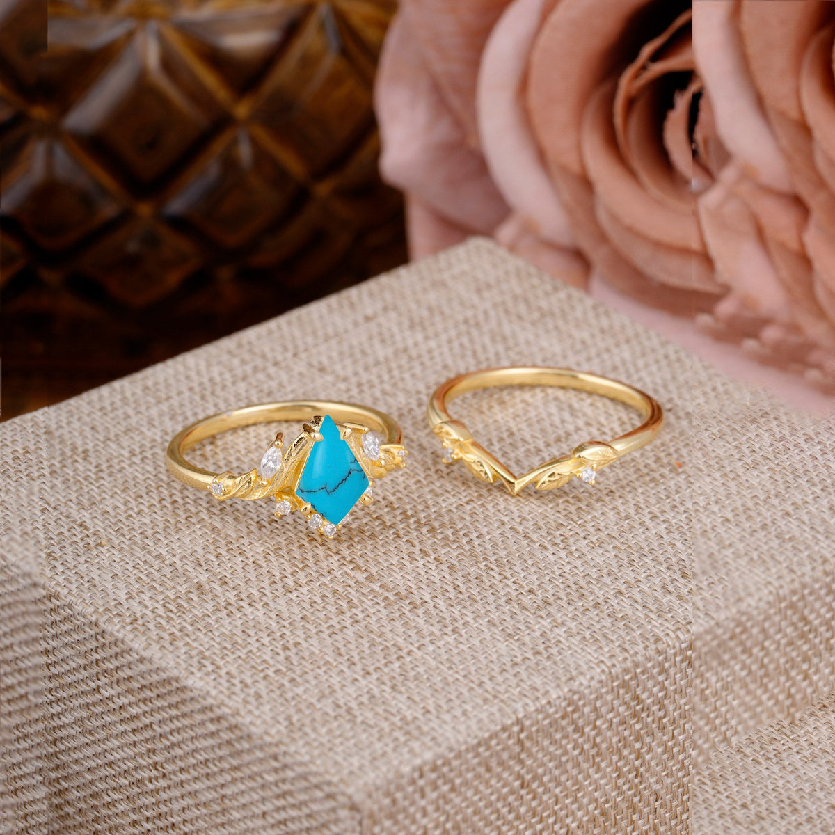 Nature Inspired The Dreamy Kite- Cut Turquoise with Fantasy Leaf Bridal Ring Set