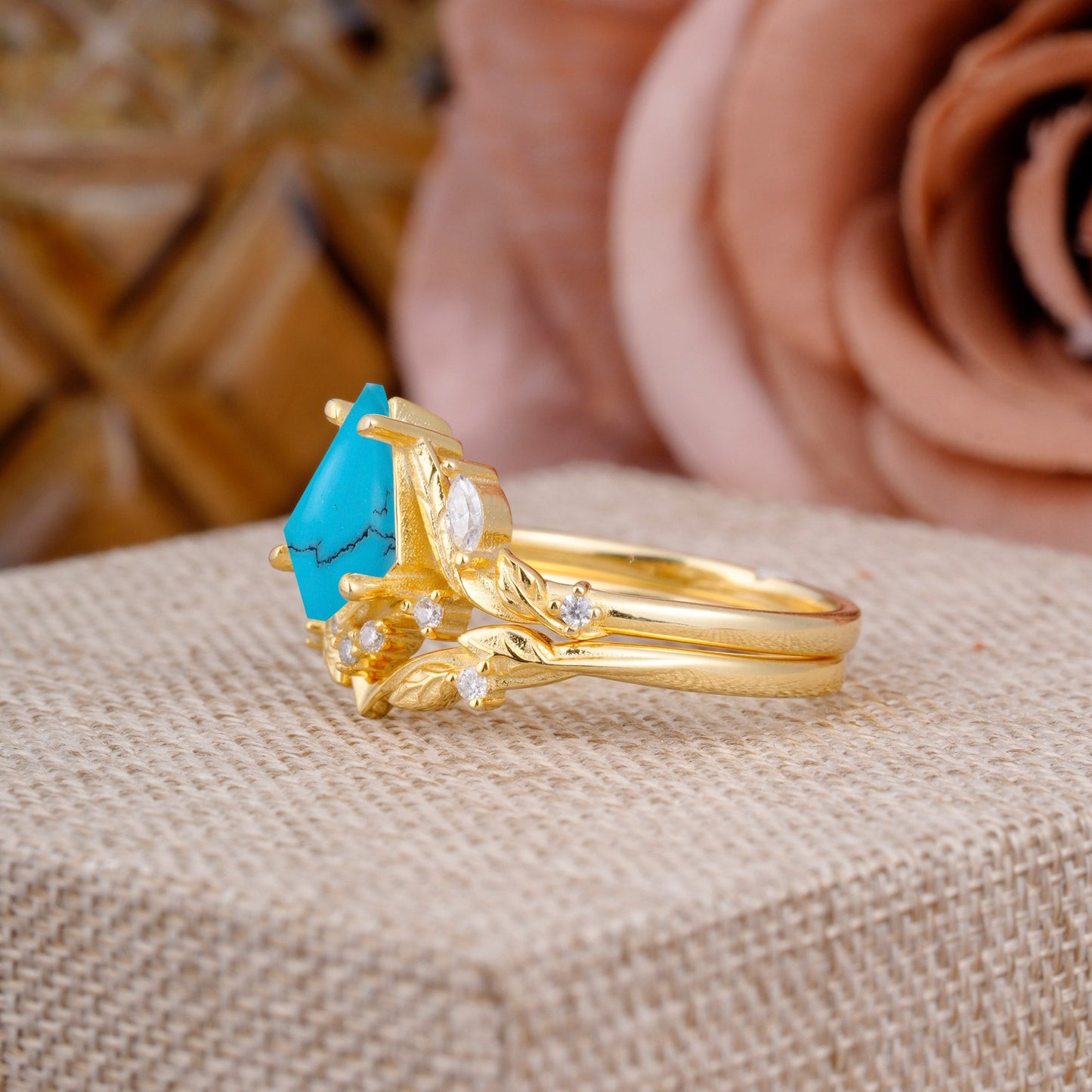 Nature Inspired The Dreamy Kite- Cut Turquoise with Fantasy Leaf Bridal Ring Set