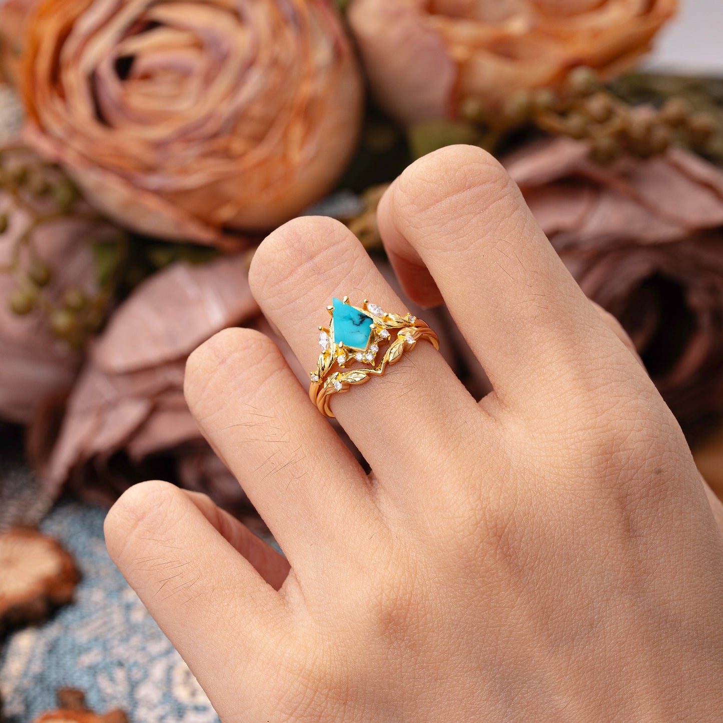Nature Inspired The Dreamy Kite- Cut Turquoise with Fantasy Leaf Bridal Ring Set