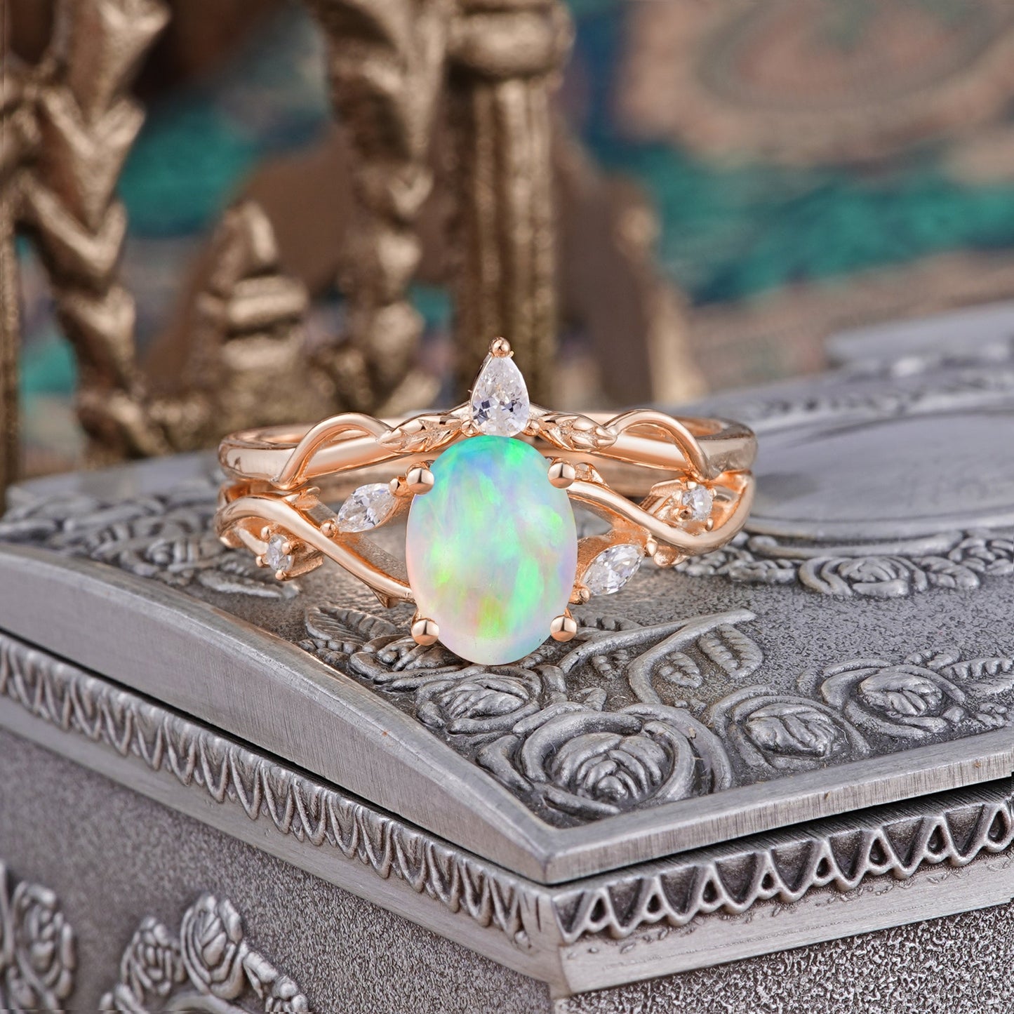 Enchanted 4-Prong Oval Cut Opal Stacking Bridal Ring Set