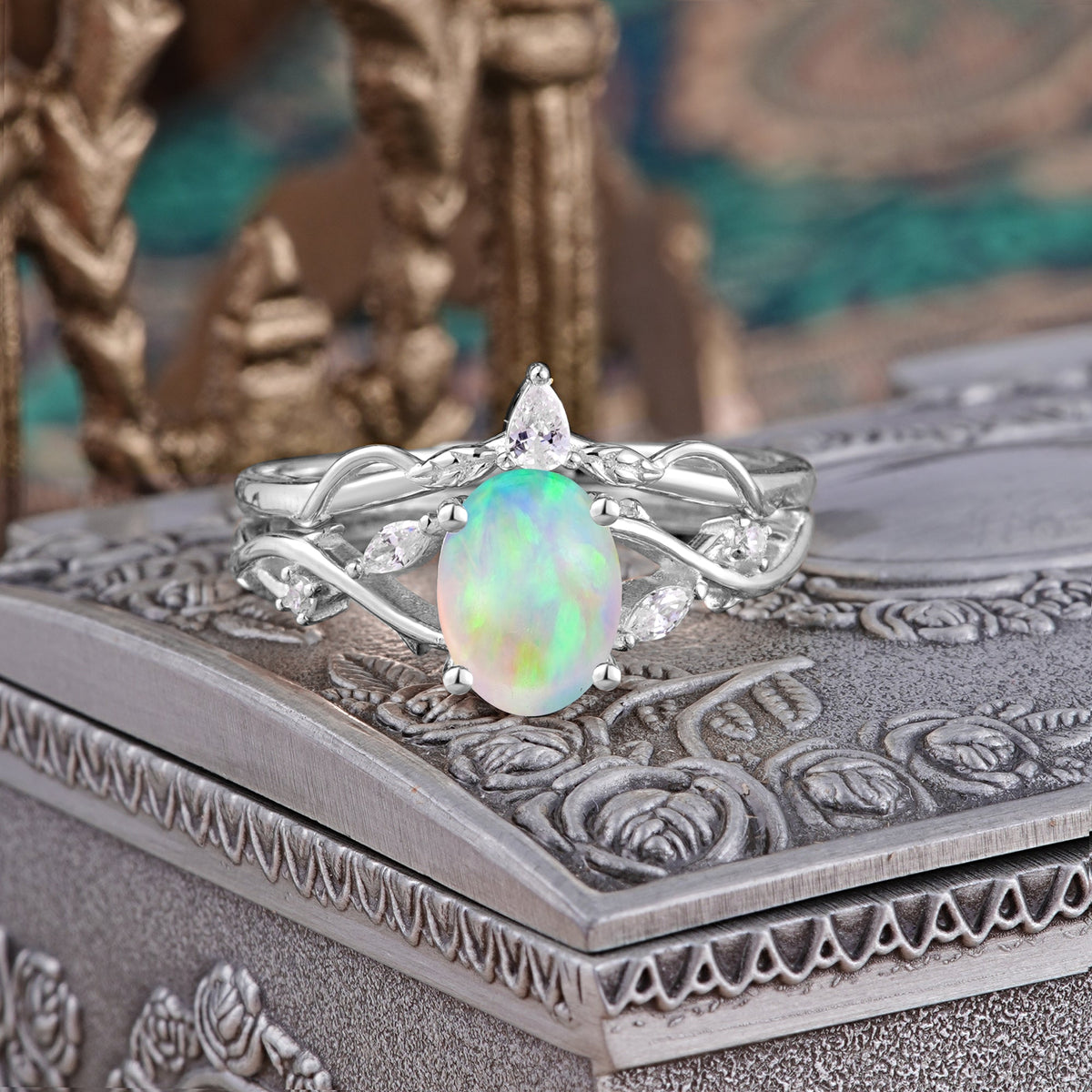 Enchanted 4-Prong Oval Cut Opal Stacking Bridal Ring Set