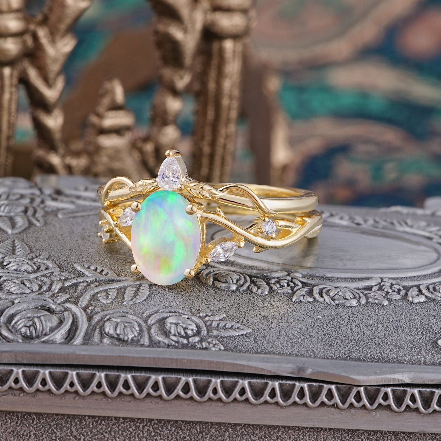 Enchanted 4-Prong Oval Cut Opal Stacking Bridal Ring Set