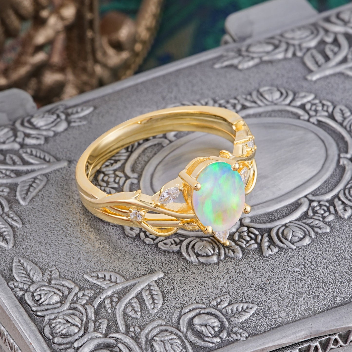 Enchanted 4-Prong Oval Cut Opal Stacking Bridal Ring Set