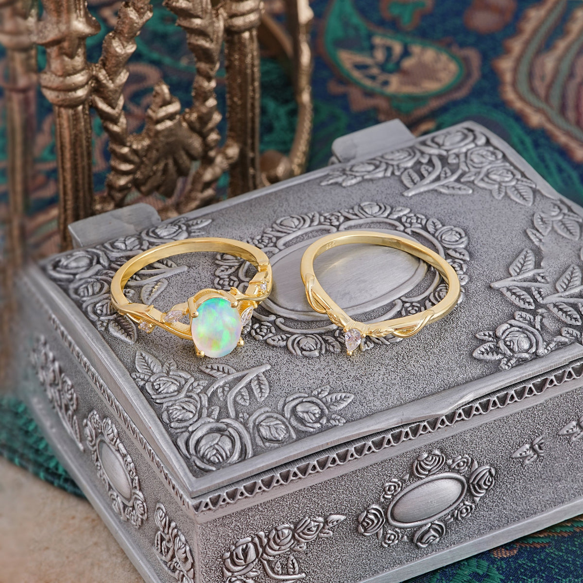 Enchanted 4-Prong Oval Cut Opal Stacking Bridal Ring Set