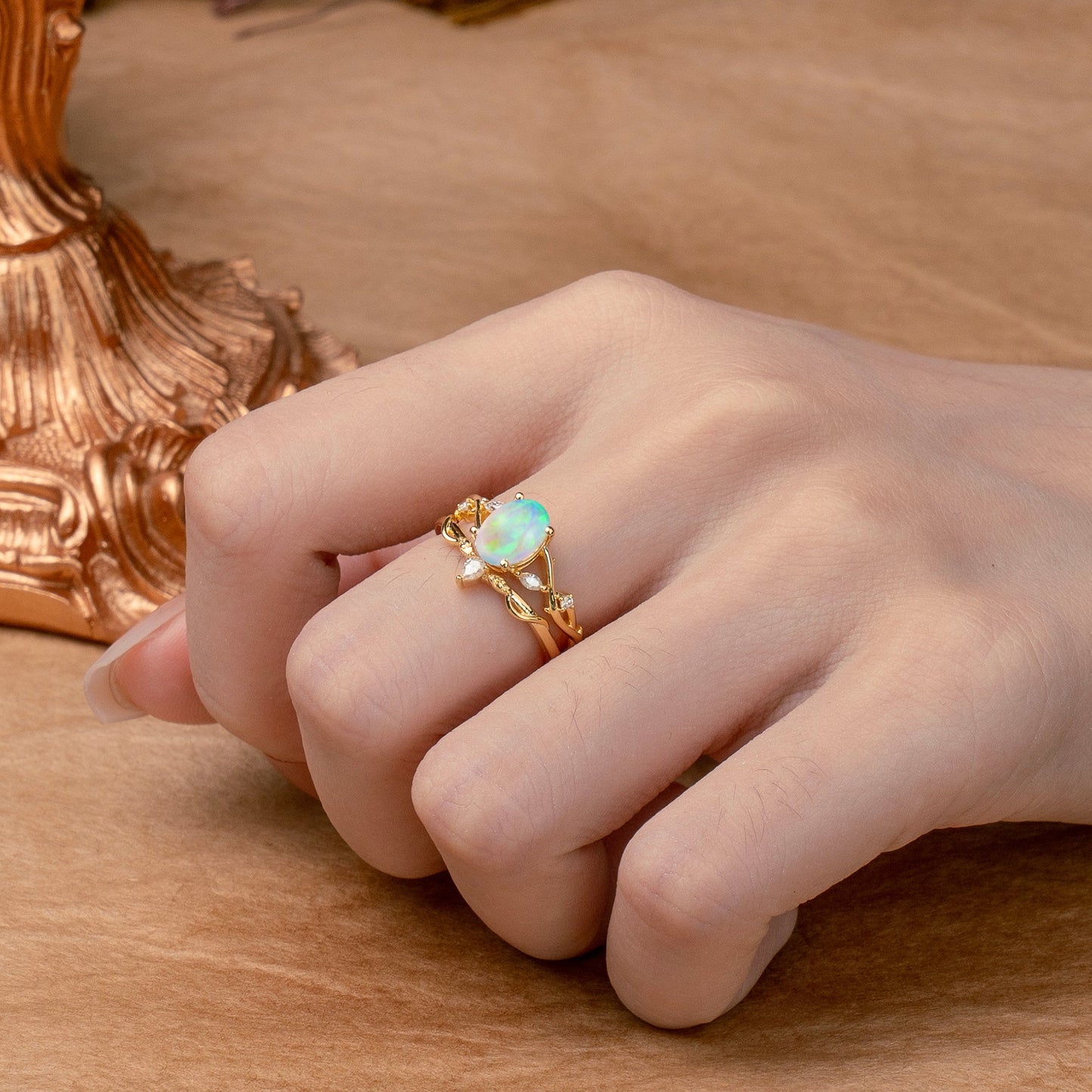 Enchanted 4-Prong Oval Cut Opal Stacking Bridal Ring Set