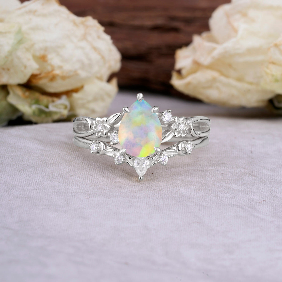 Art Nouveau 5-Prong Pear Cut Opal Bridal Ring Set