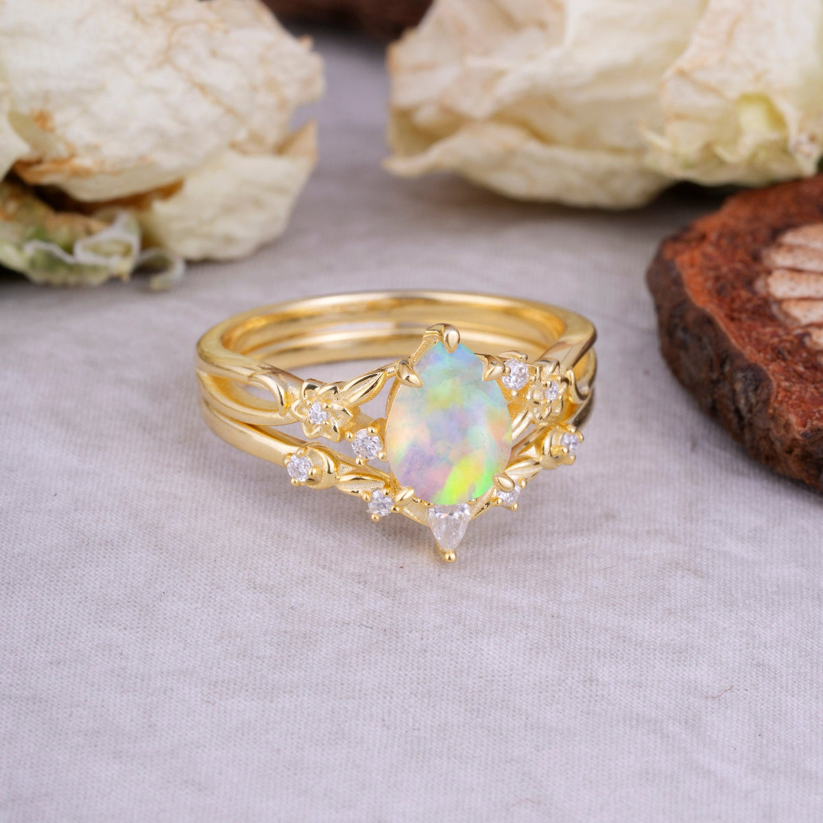 Art Nouveau 5-Prong Pear Cut Opal Bridal Ring Set