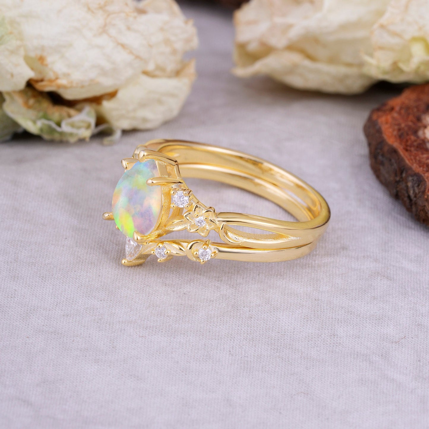 Art Nouveau 5-Prong Pear Cut Opal Bridal Ring Set
