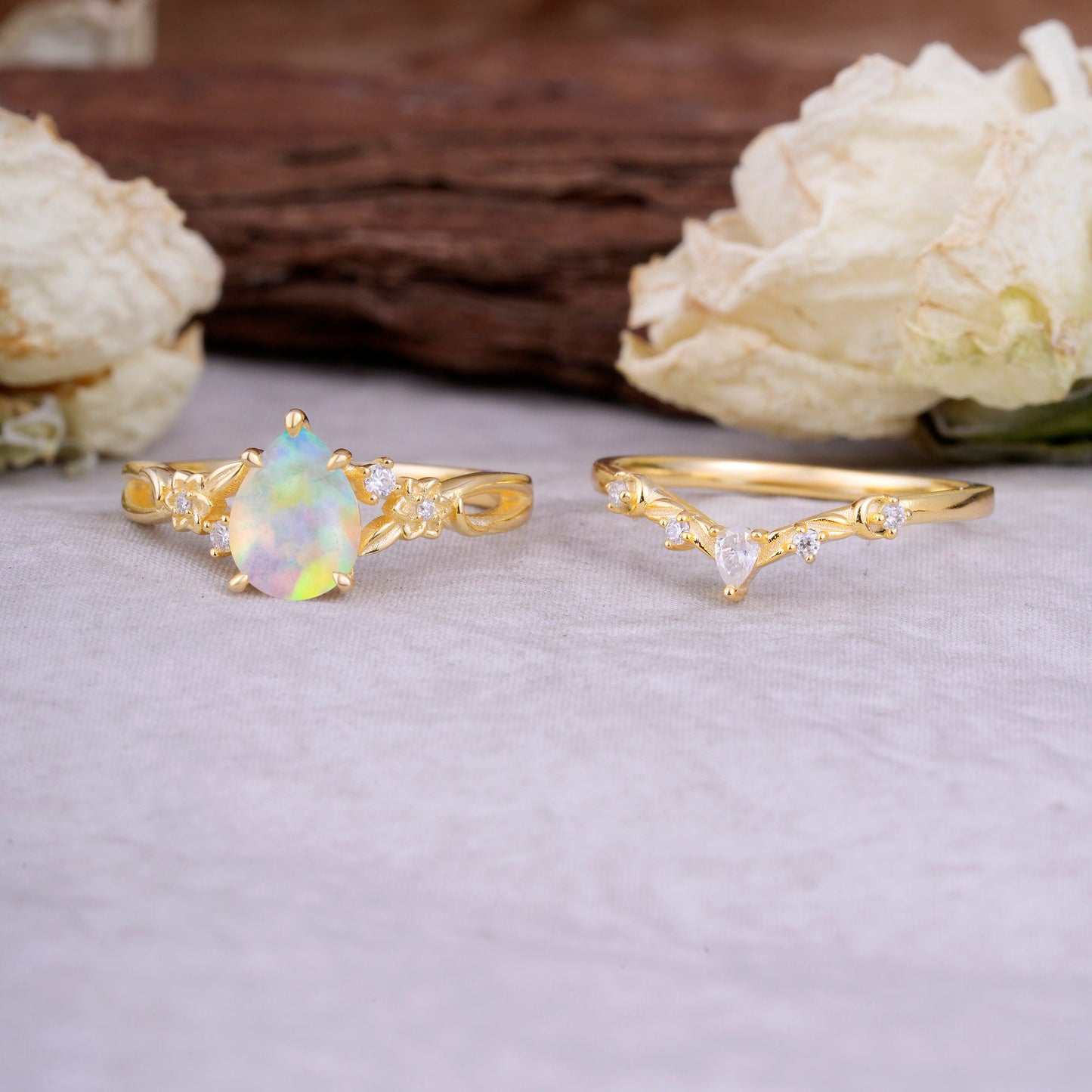Art Nouveau 5-Prong Pear Cut Opal Bridal Ring Set
