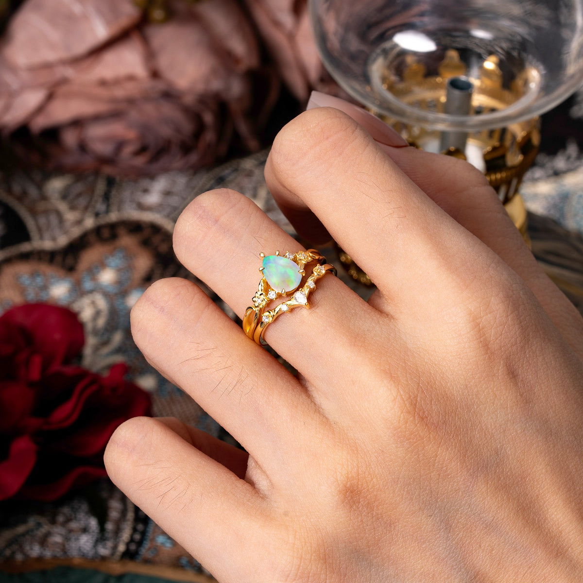 Art Nouveau 5-Prong Pear Cut Opal Bridal Ring Set