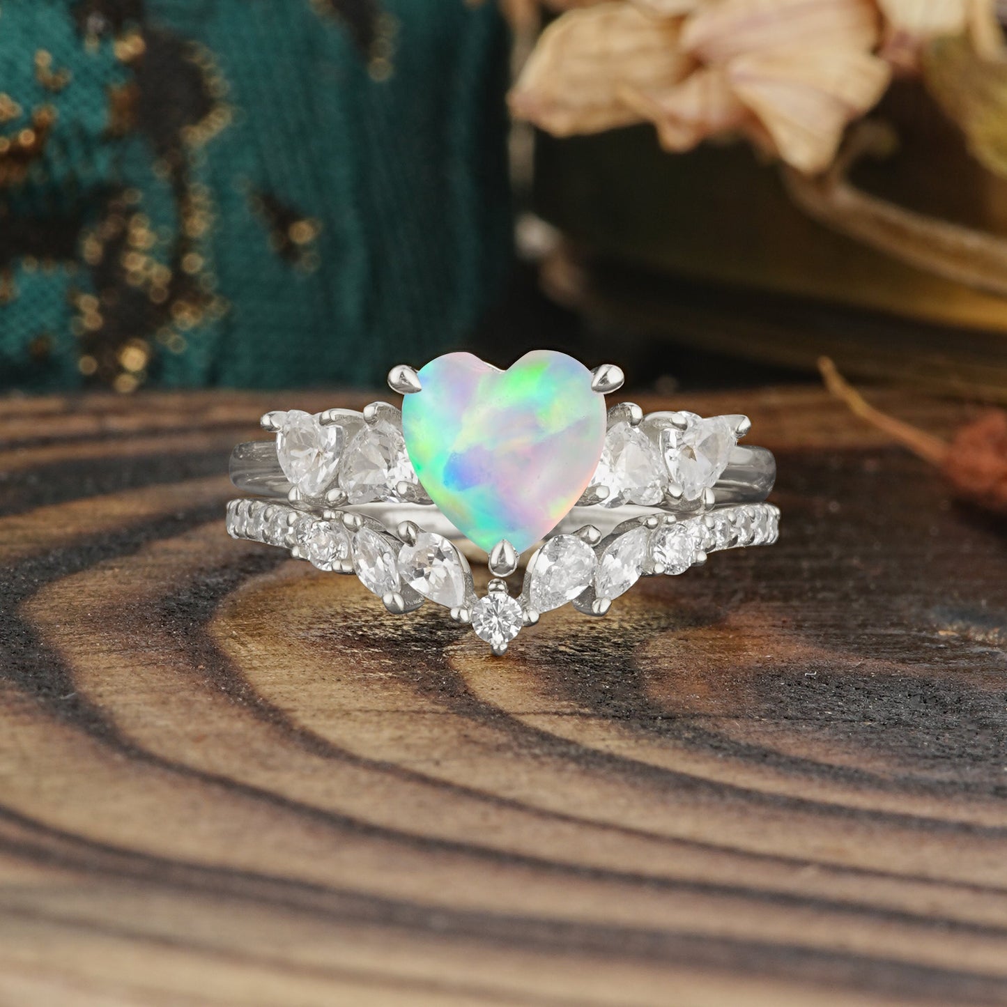 Bohemian Heart 3-Prong Heart Cut Opal Stacking Bridal Ring Set