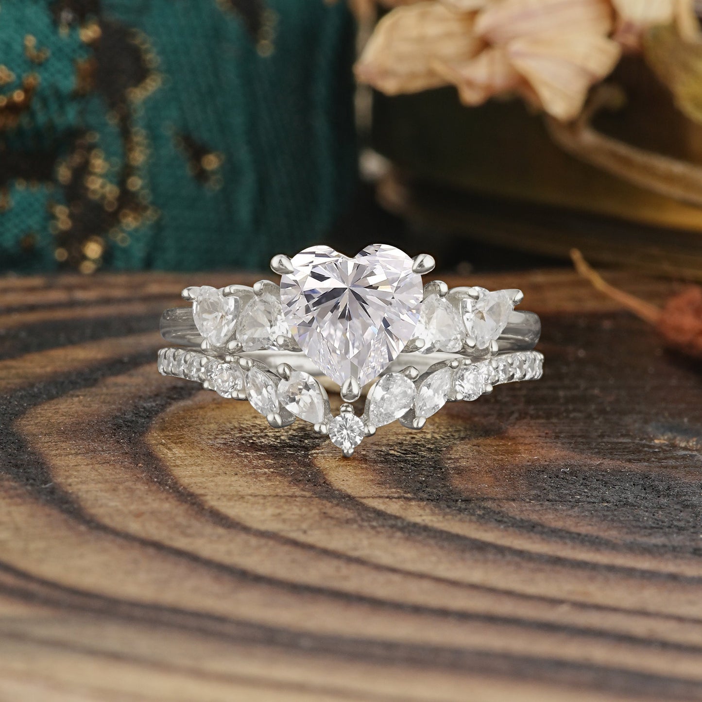 Bohemian Heart 3-Prong Heart Cut Lab Diamond Stacking Bridal Ring Set