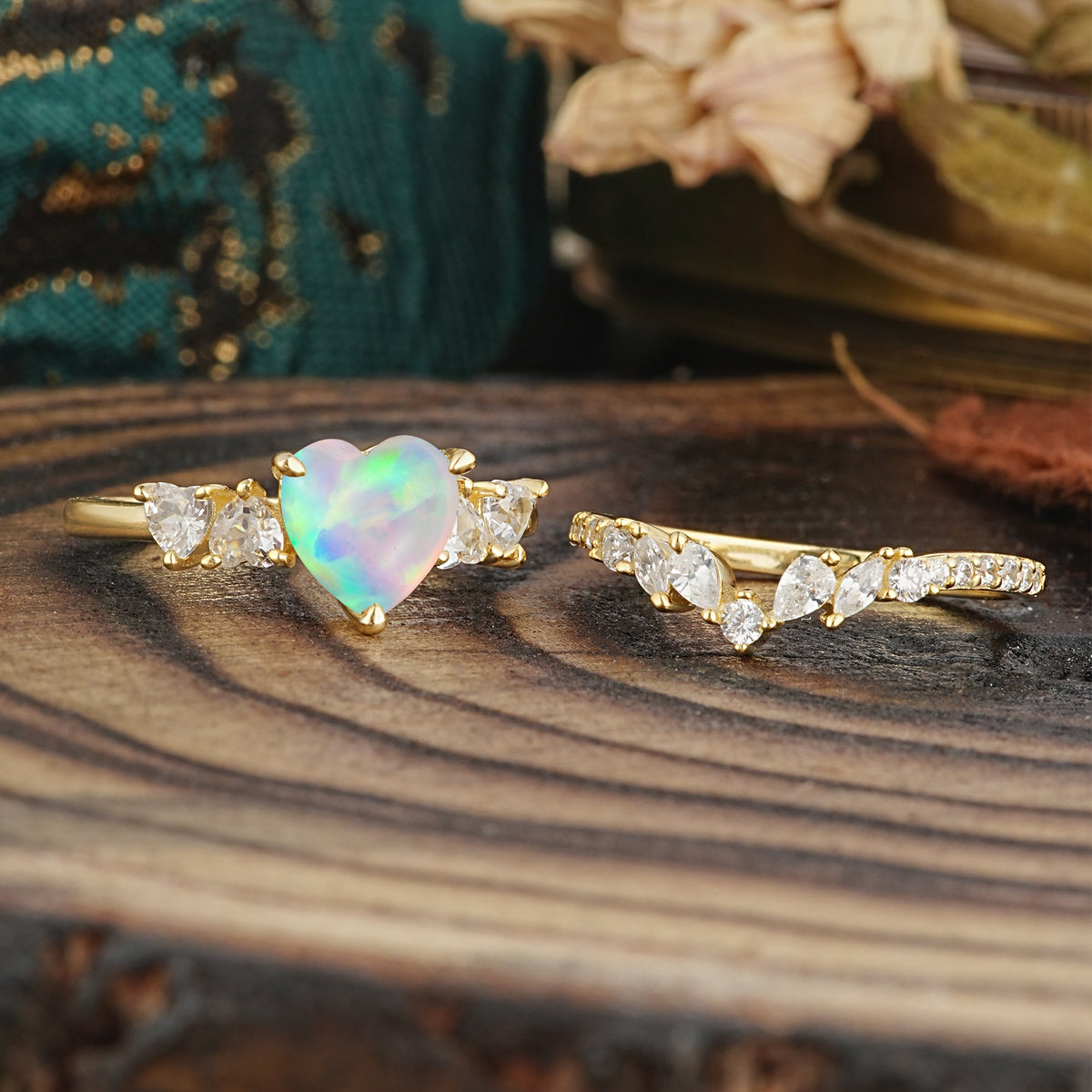 Bohemian Heart 3-Prong Heart Cut Opal Stacking Bridal Ring Set