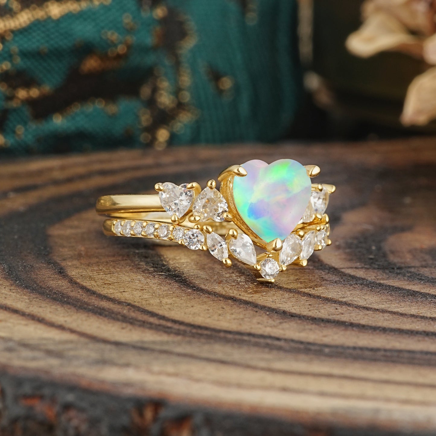 Bohemian Heart 3-Prong Heart Cut Opal Stacking Bridal Ring Set