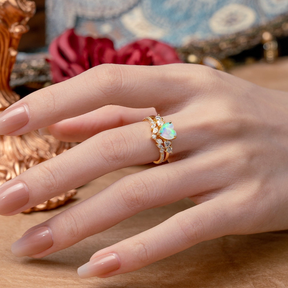 Bohemian Heart 3-Prong Heart Cut Opal Stacking Bridal Ring Set