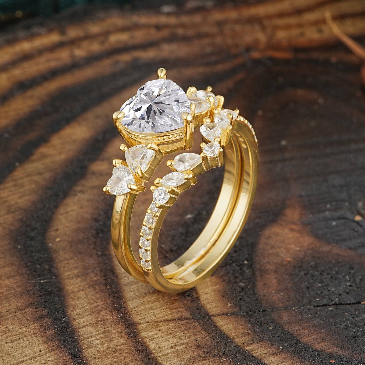 Bohemian Heart 3-Prong Heart Cut Lab Diamond Stacking Bridal Ring Set