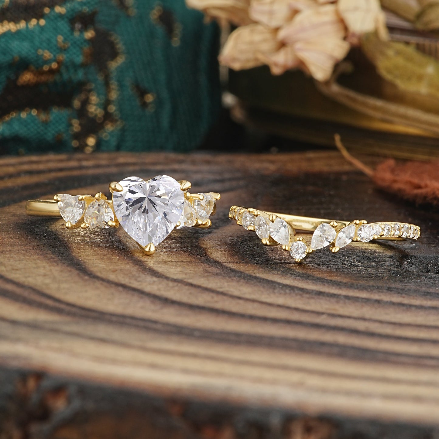 Bohemian Heart 3-Prong Heart Cut Lab Diamond Stacking Bridal Ring Set