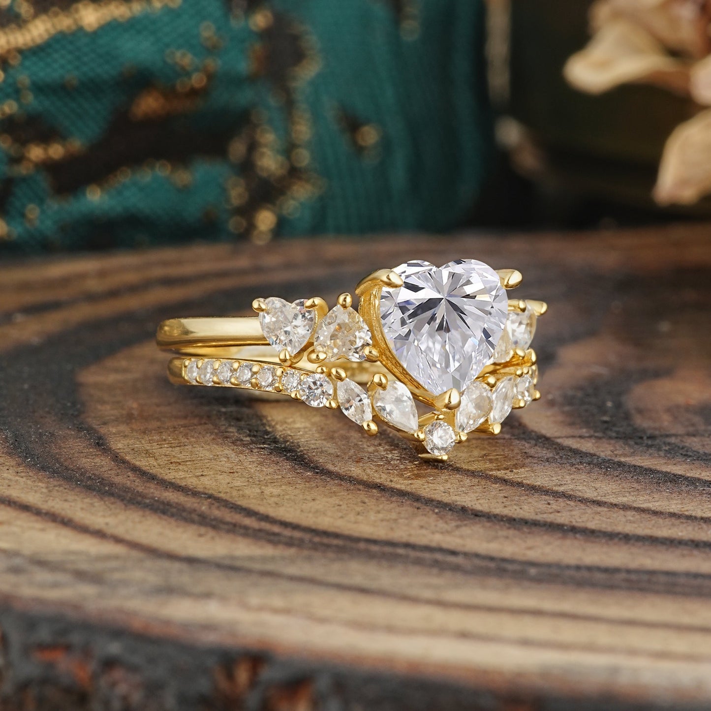 Bohemian Heart 3-Prong Heart Cut Lab Diamond Stacking Bridal Ring Set