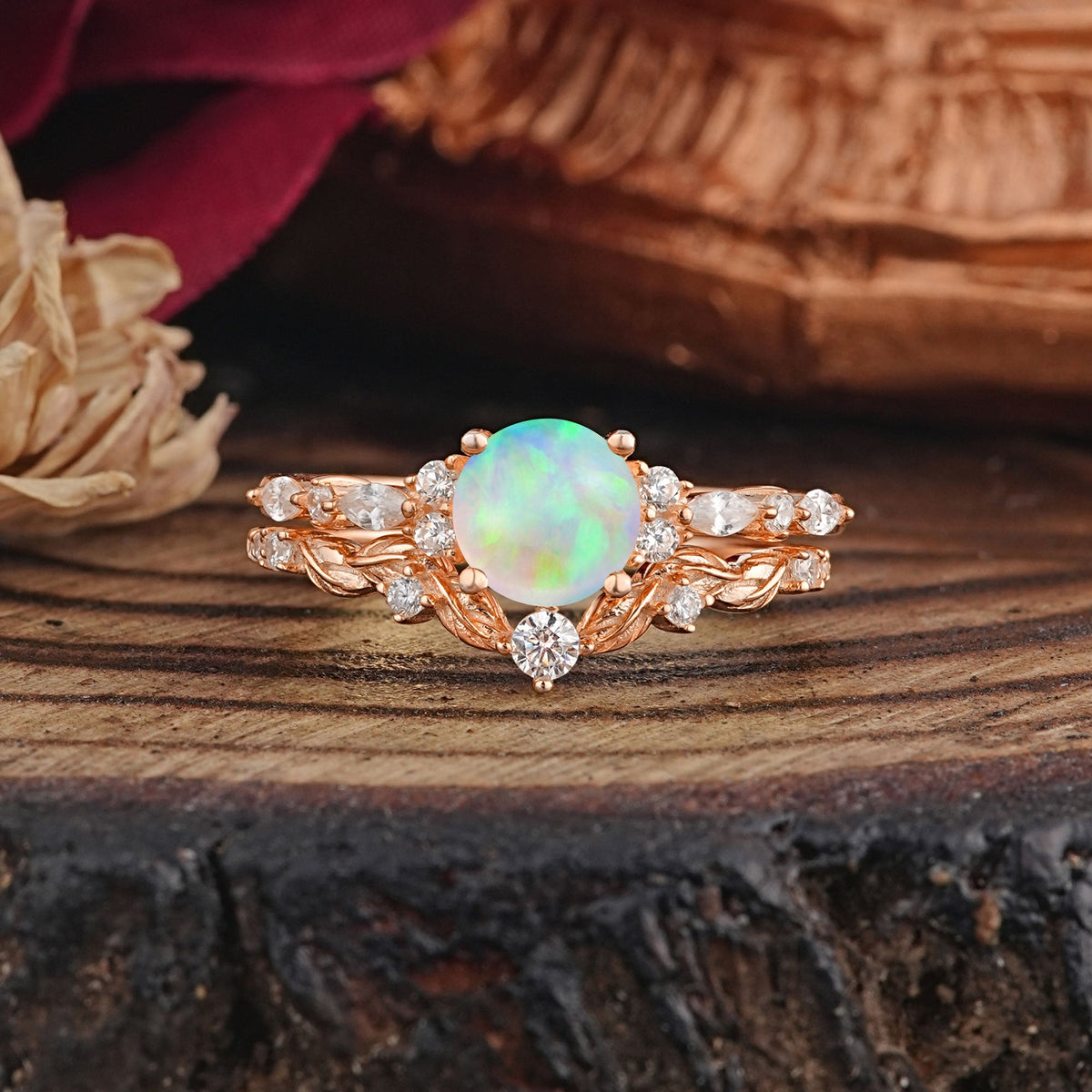 Vintage Botanical 4-Prong Round Cut Opal Bridal Ring Set