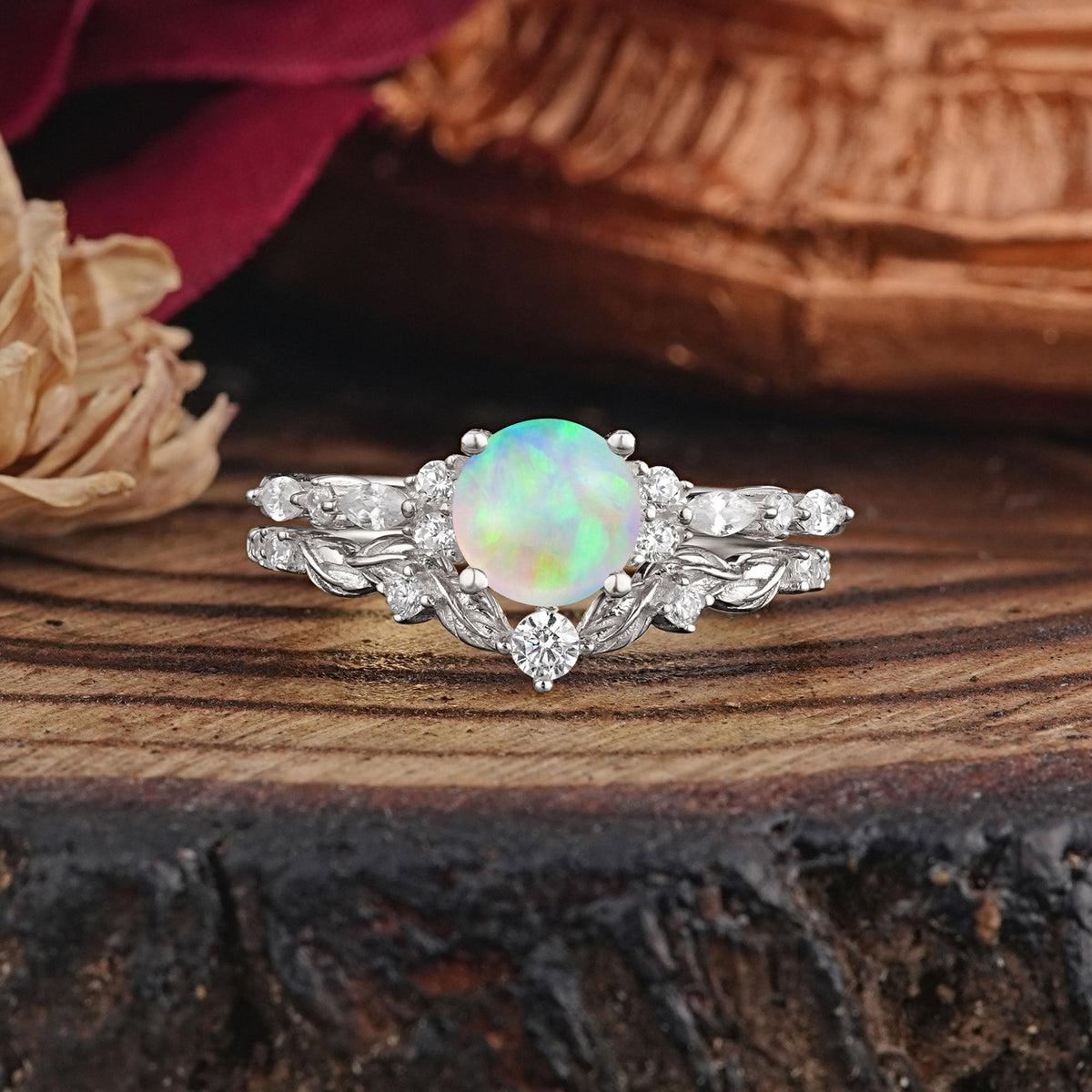 Vintage Botanical 4-Prong Round Cut Opal Bridal Ring Set