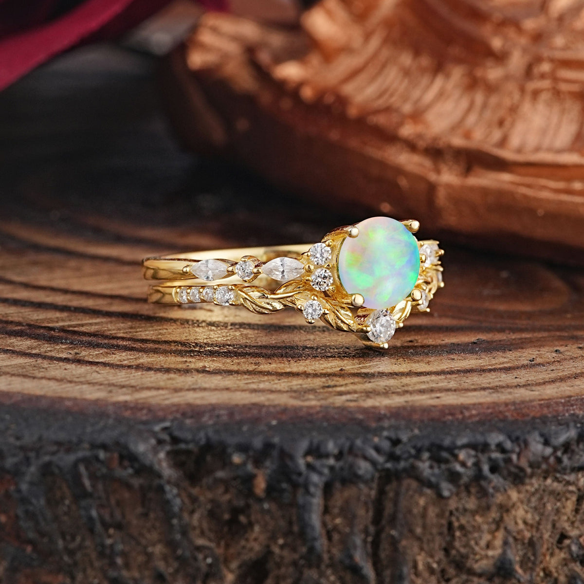 Vintage Botanical 4-Prong Round Cut Opal Bridal Ring Set