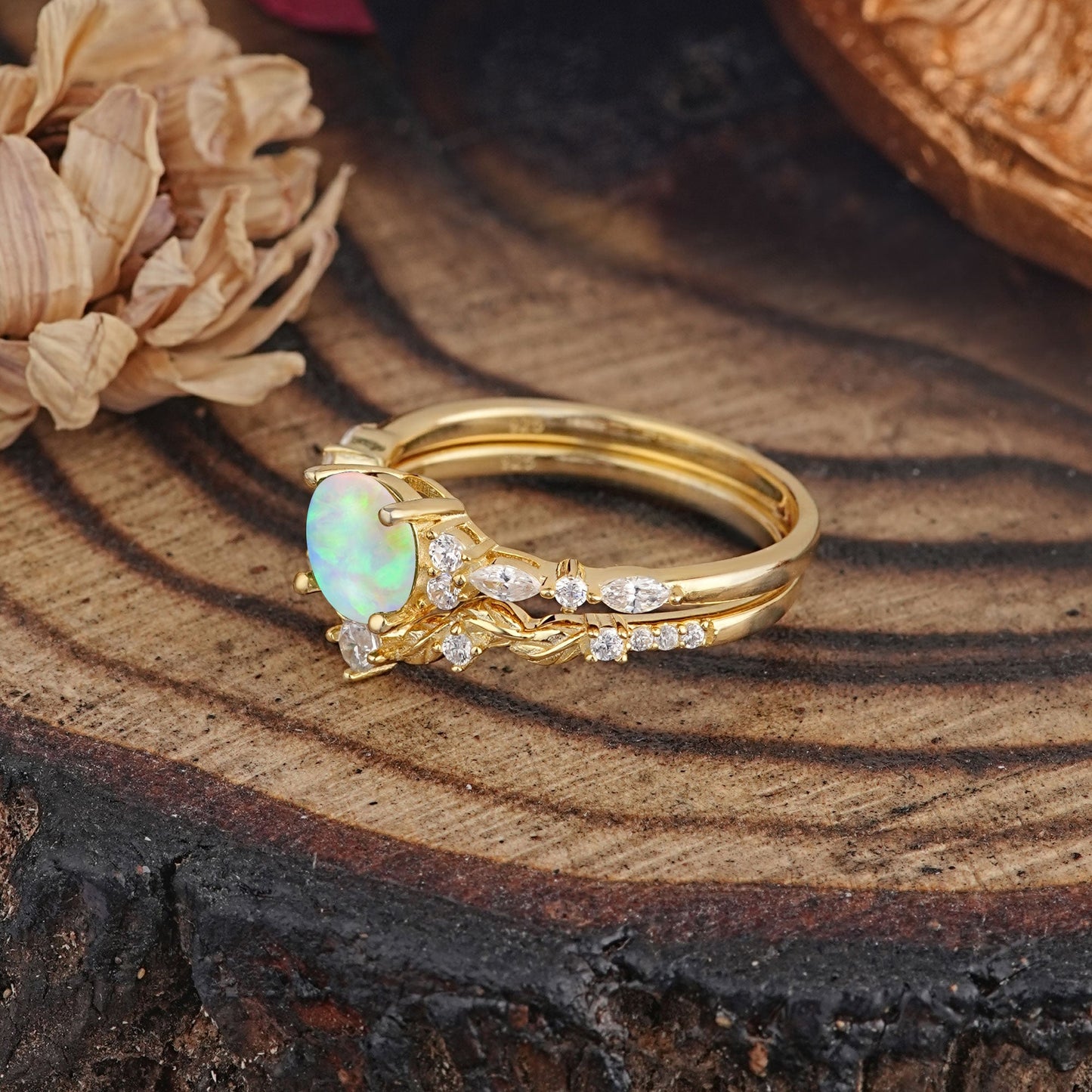 Vintage Botanical 4-Prong Round Cut Opal Bridal Ring Set