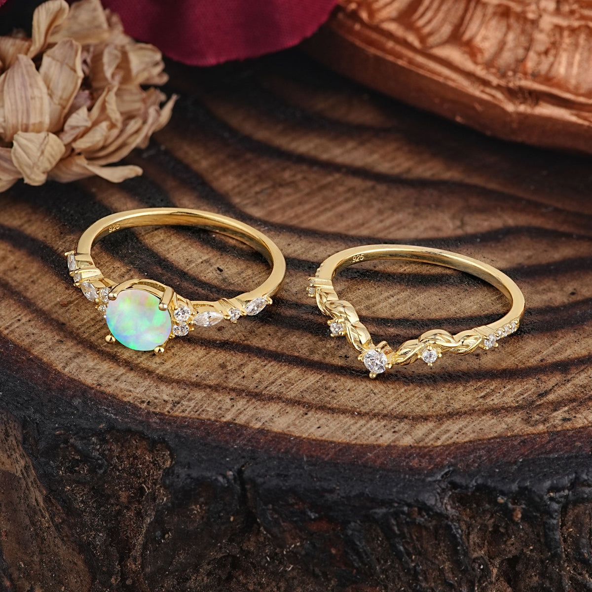 Vintage Botanical 4-Prong Round Cut Opal Bridal Ring Set