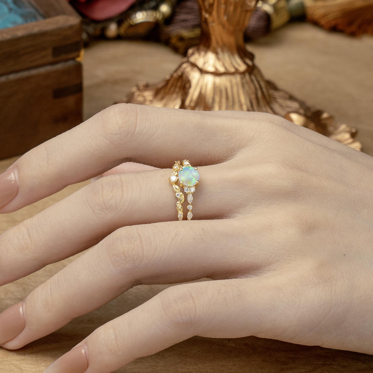 Vintage Botanical 4-Prong Round Cut Opal Bridal Ring Set