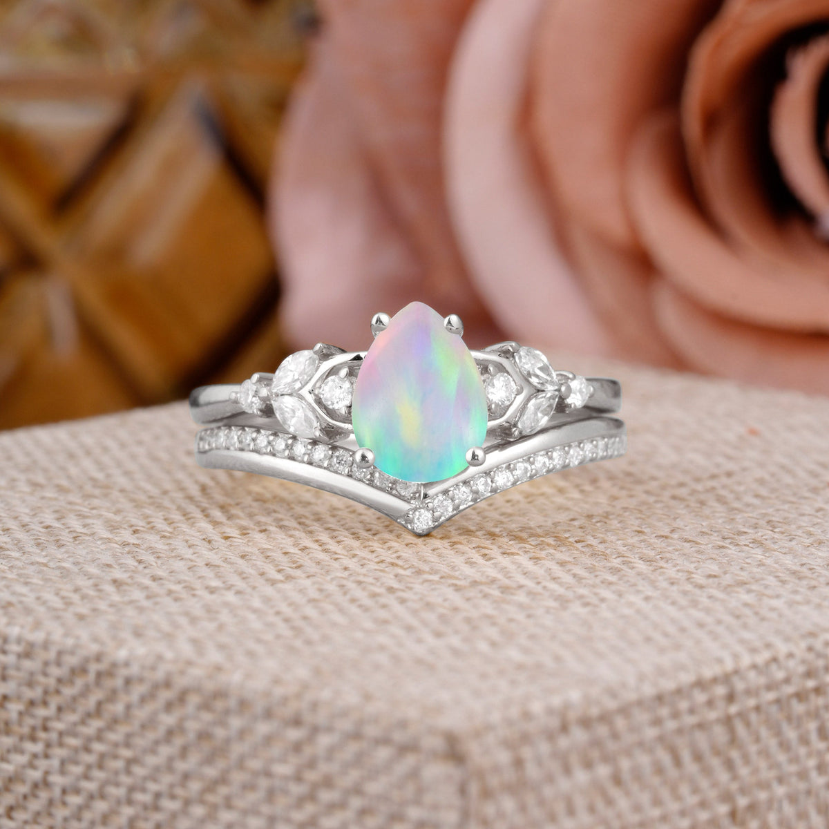 Luxurious Vintage-Inspired 4-Prong Pear-Cut Opal Engagement Ring Set