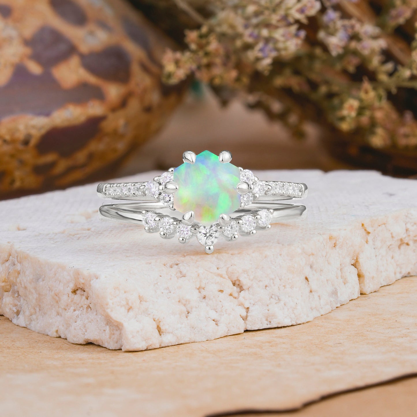 Classic 6-Prong Hexagonal-Cut Opal Bridal Ring Set
