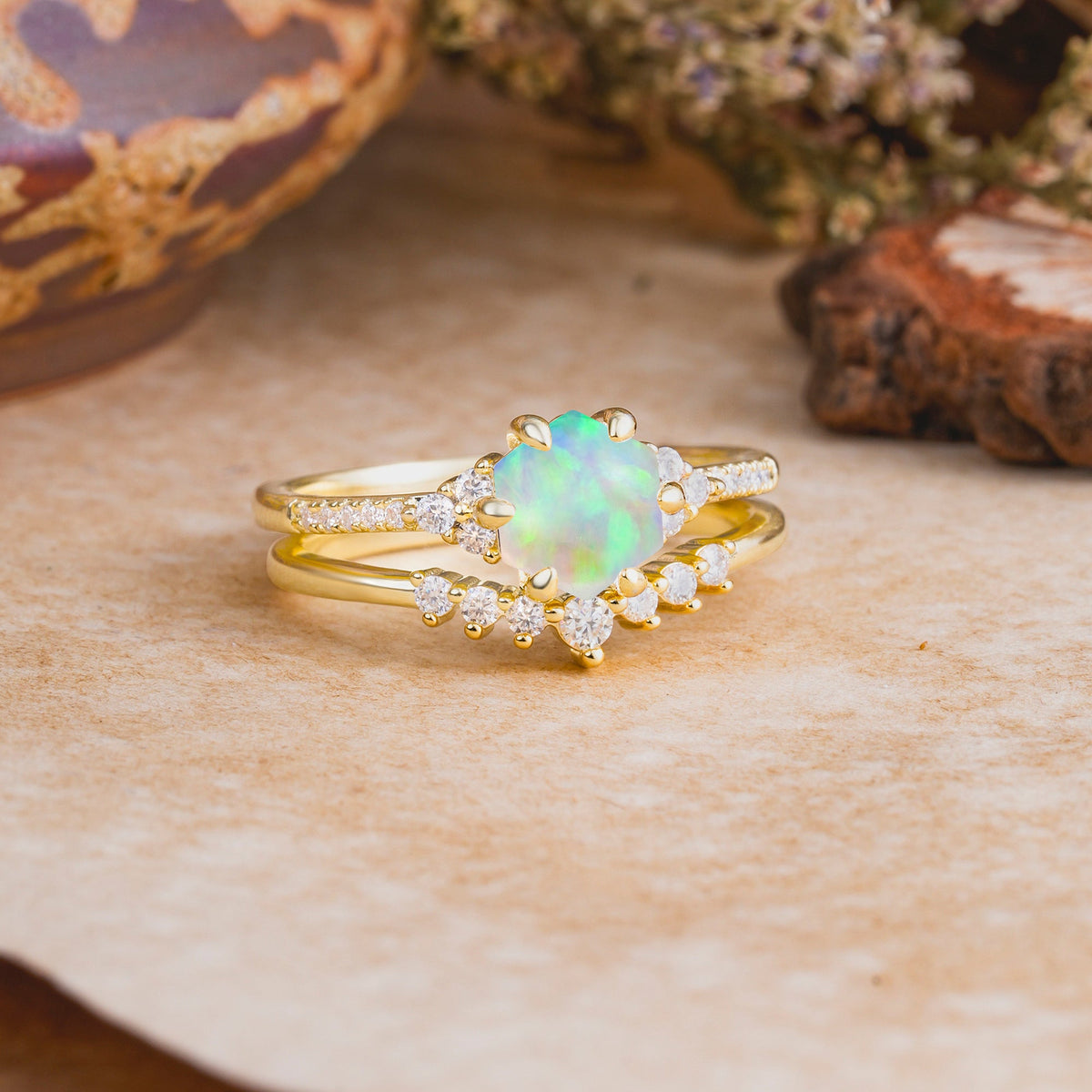 Classic 6-Prong Hexagonal-Cut Opal Bridal Ring Set